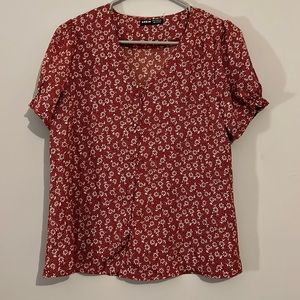 SHEIN red floral top with white flowers and polka dots